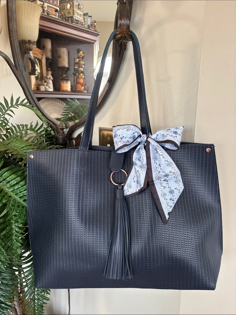 Chic Textured Navy Tote Shoulder Bag Tassel & Scarf Bow Laptop Office Snap Close
